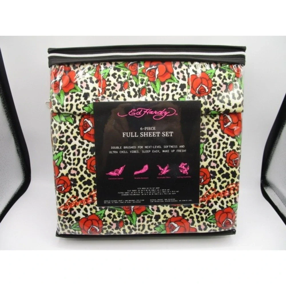 Ed Hardy 6 Piece Full Sheet Set Leopard Rose Print Tattoo Art
